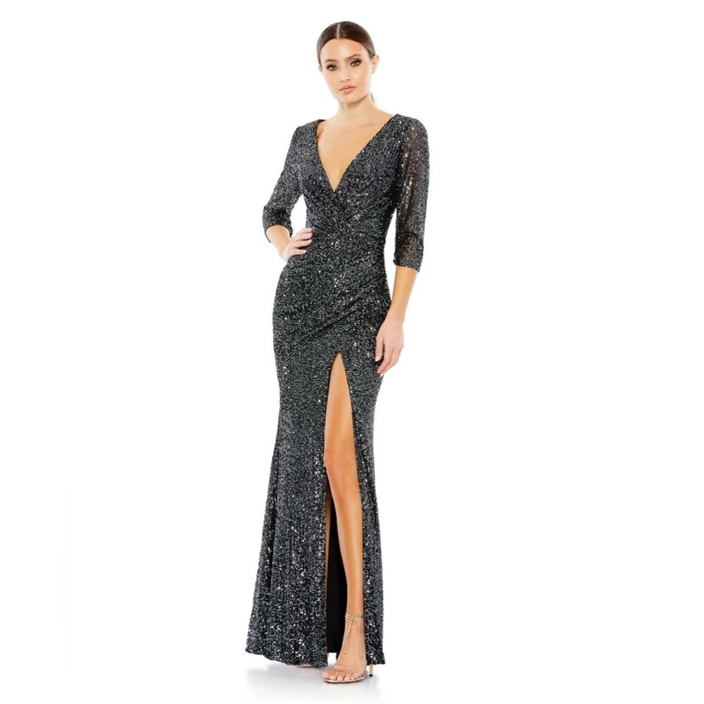 Mac Duggal Glittering Navy Blue Long Sleeve Gown